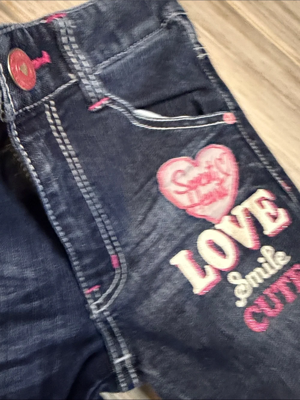 Girls' Dark Wash Jeans with Pink Heart Embroidery